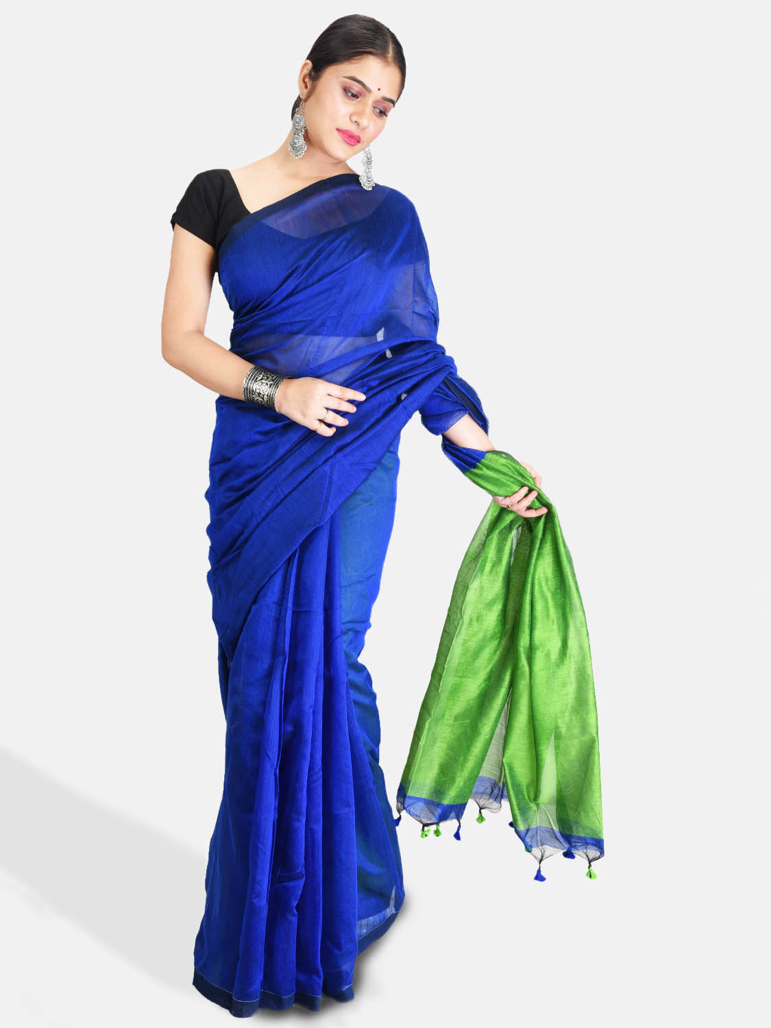 DESH BIDESH Women`s Cotton Silk and Bengal Soft Khadi Cotton Mix Ghicha Handloom Saree With Blouse Piece (Blue Green)